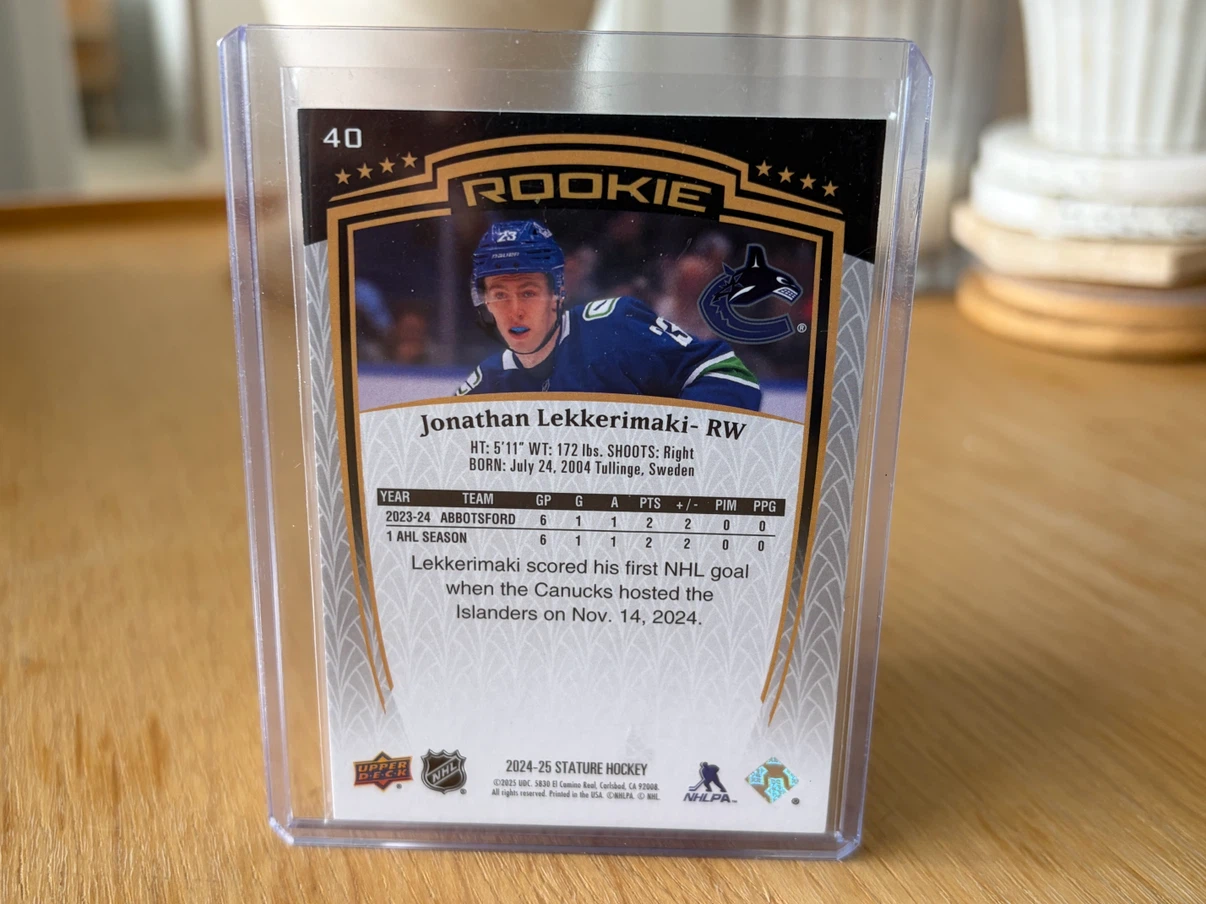 JOHNATHAN LEKKERIMAKI Canucks Stature Rookie /999 Hockey Card - photo 2