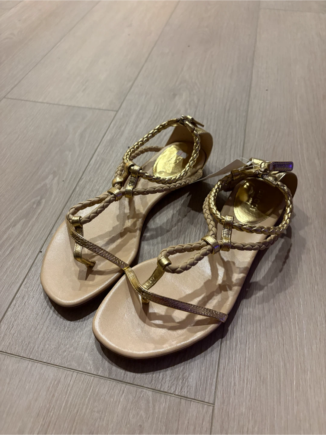 Gucci Gold Braided Leather Flat Sandals