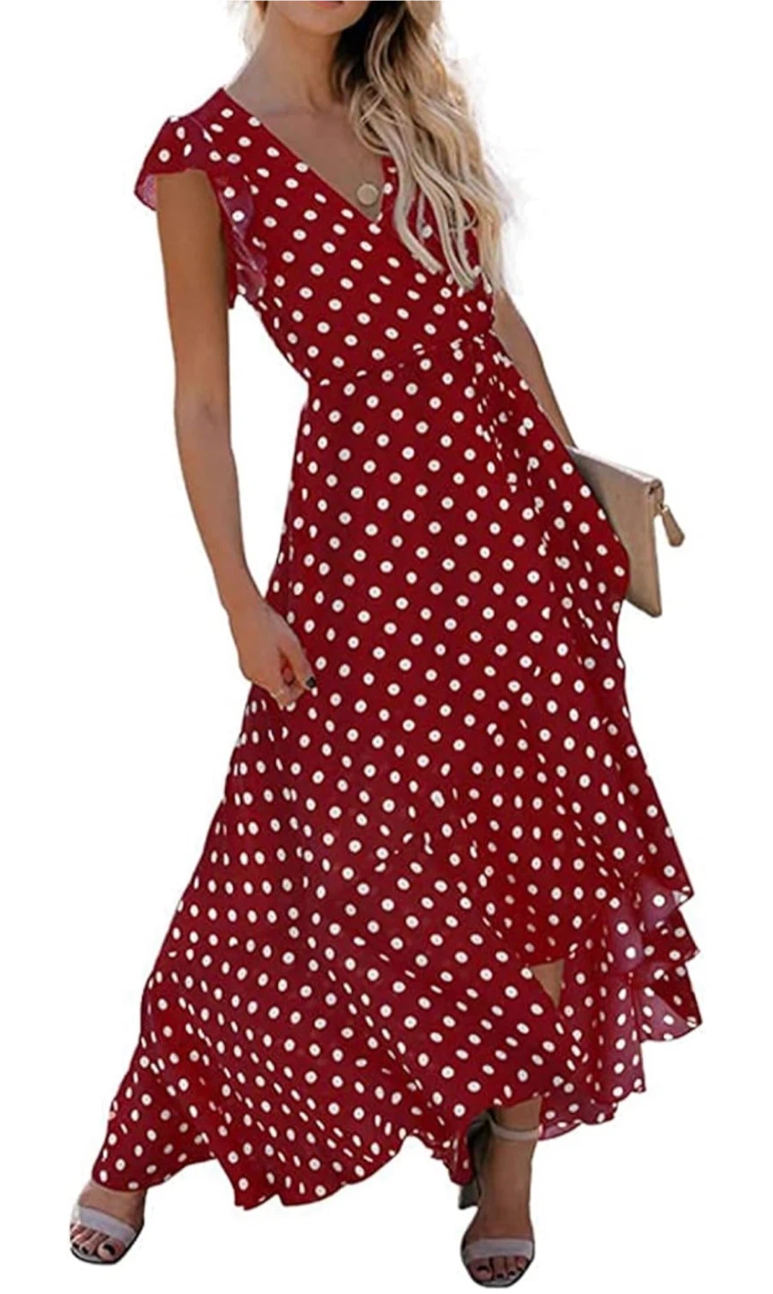 Red Polka Dot Wrap Maxi Dress