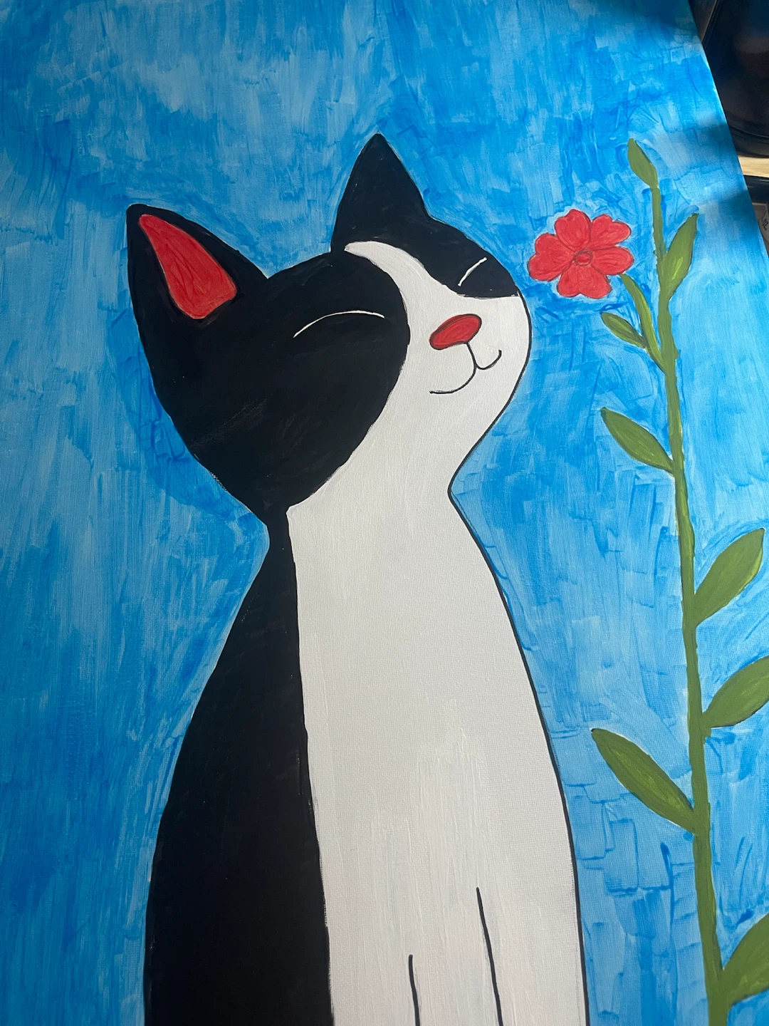 Hand-painted Cat and Flower Acrylic Painting
