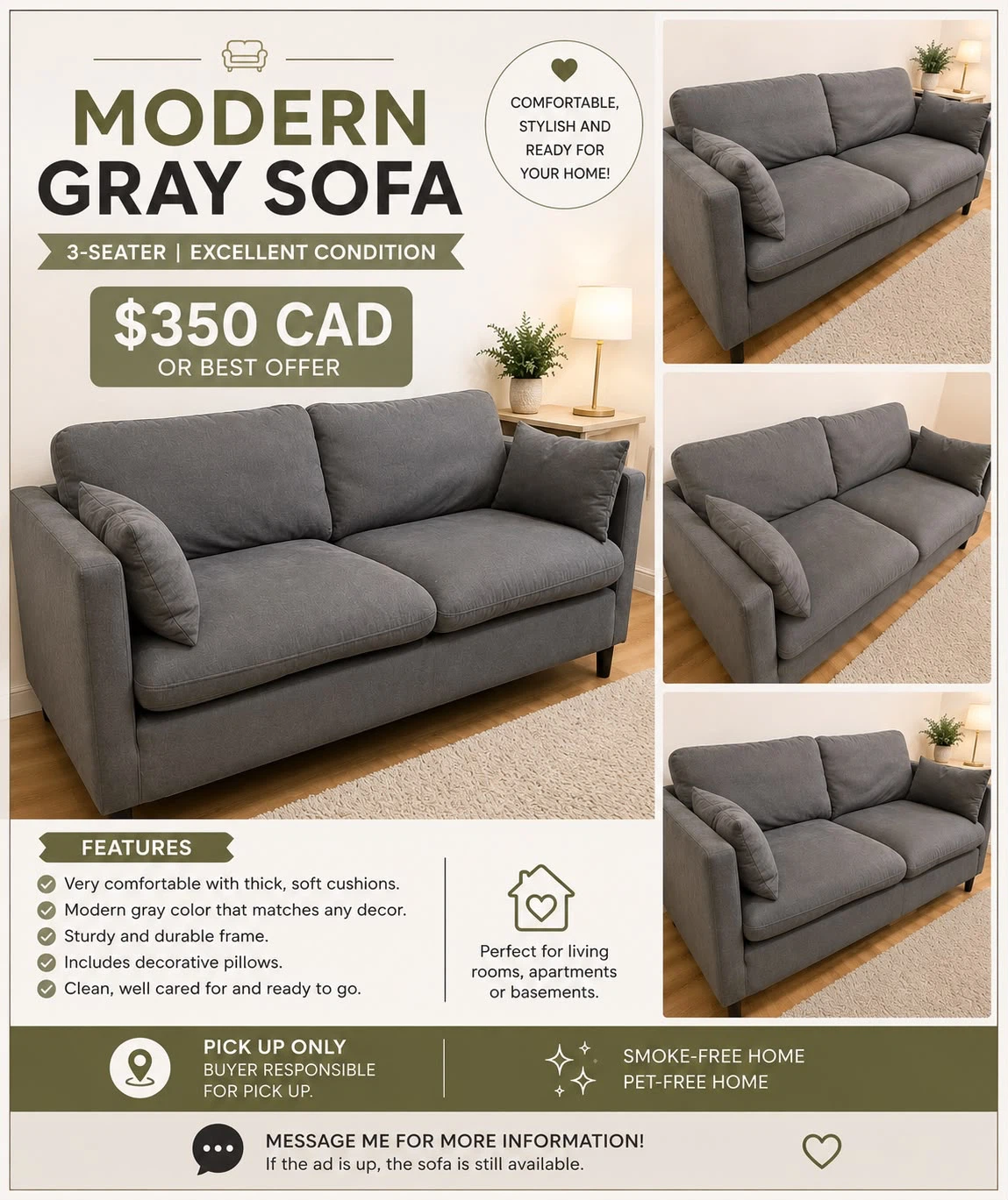 Modern Gray 3-Seater Sofa