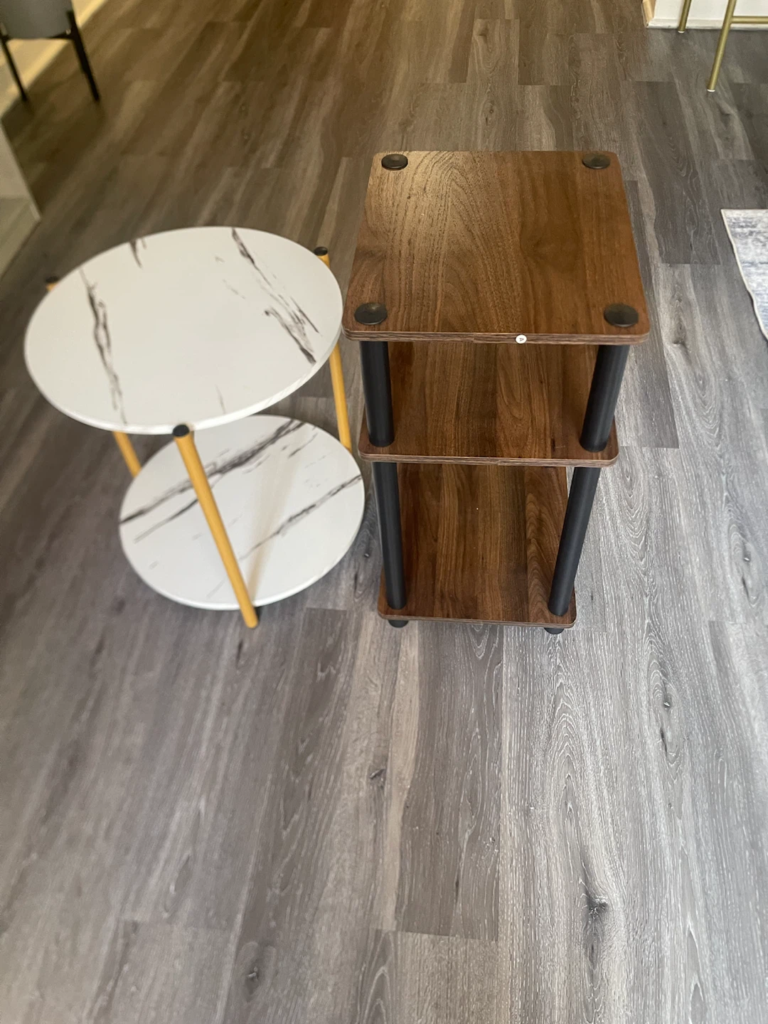 2-Tier Round End Table with Marble Look and Gold Frame