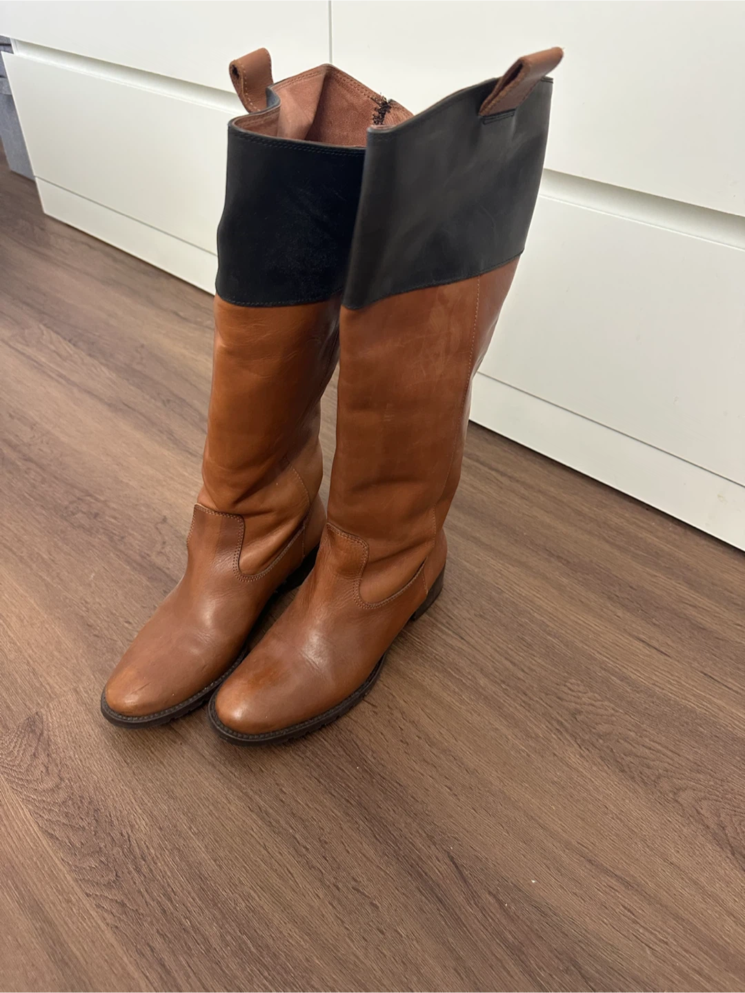 Brown Leather Tall Boots with Black Top Size 7 Made in Italy