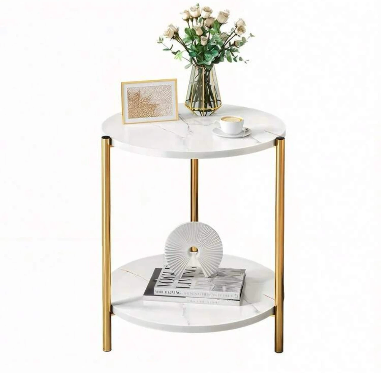 2-Tier Round End Table with Marble Look and Gold Frame - photo 3