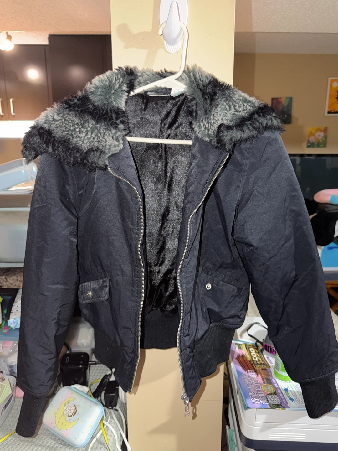 Black Bomber Jacket with Faux Fur Collar