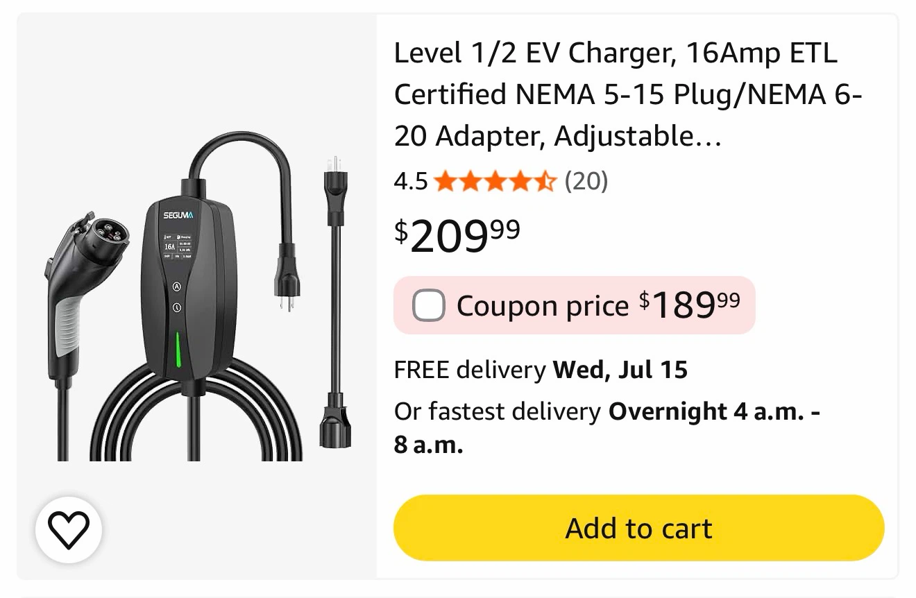 SEGUMA Level 1/2 Portable EV Charger - 16 Amp - photo 2
