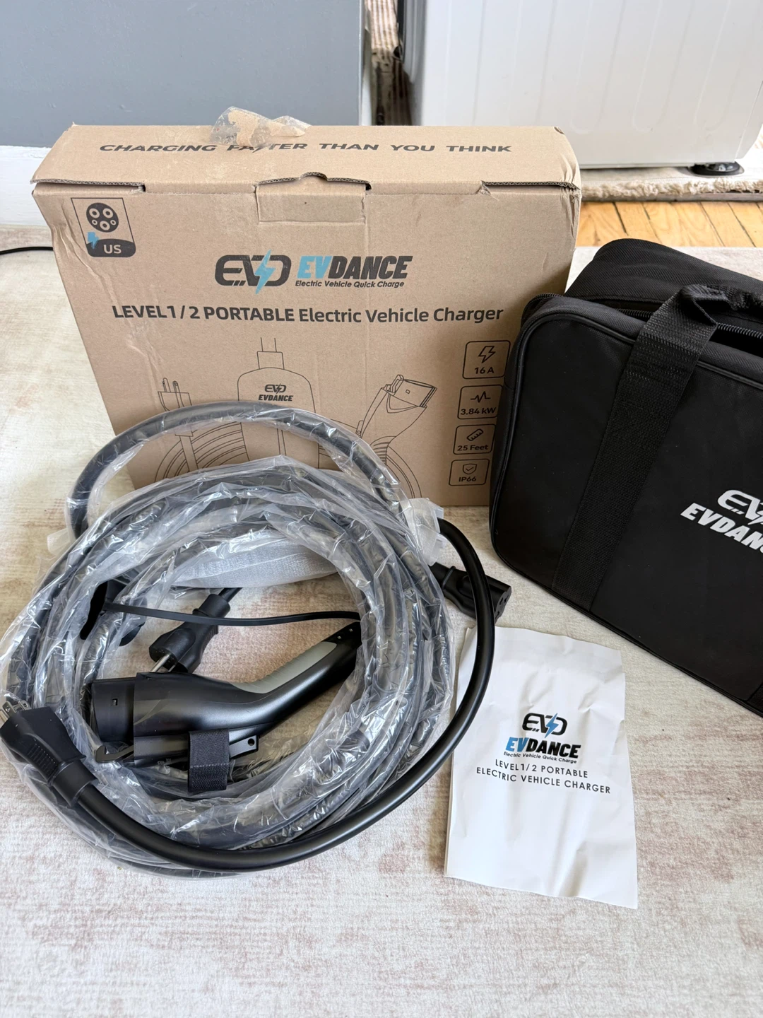 EVDANCE Level 1/2 EV Charger - 25 FT Cable, 16A, White