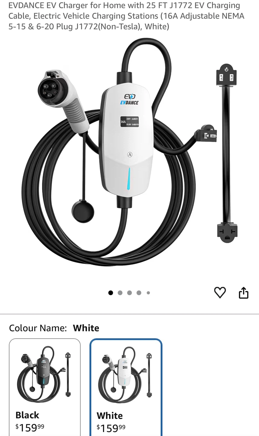 EVDANCE Level 1/2 EV Charger - 25 FT Cable, 16A, White - photo 2
