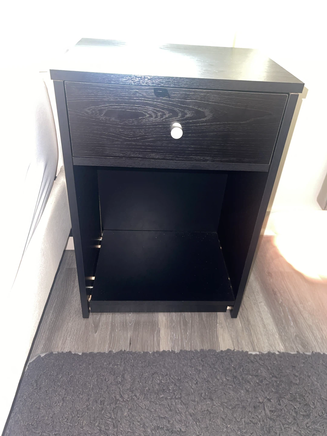 Black Nightstand with Drawer and Shelf