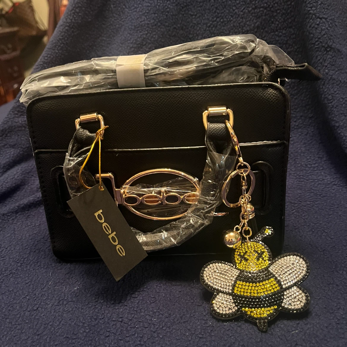 Bebe Black Faux Leather Mini Satchel Handbag with Bee Charm