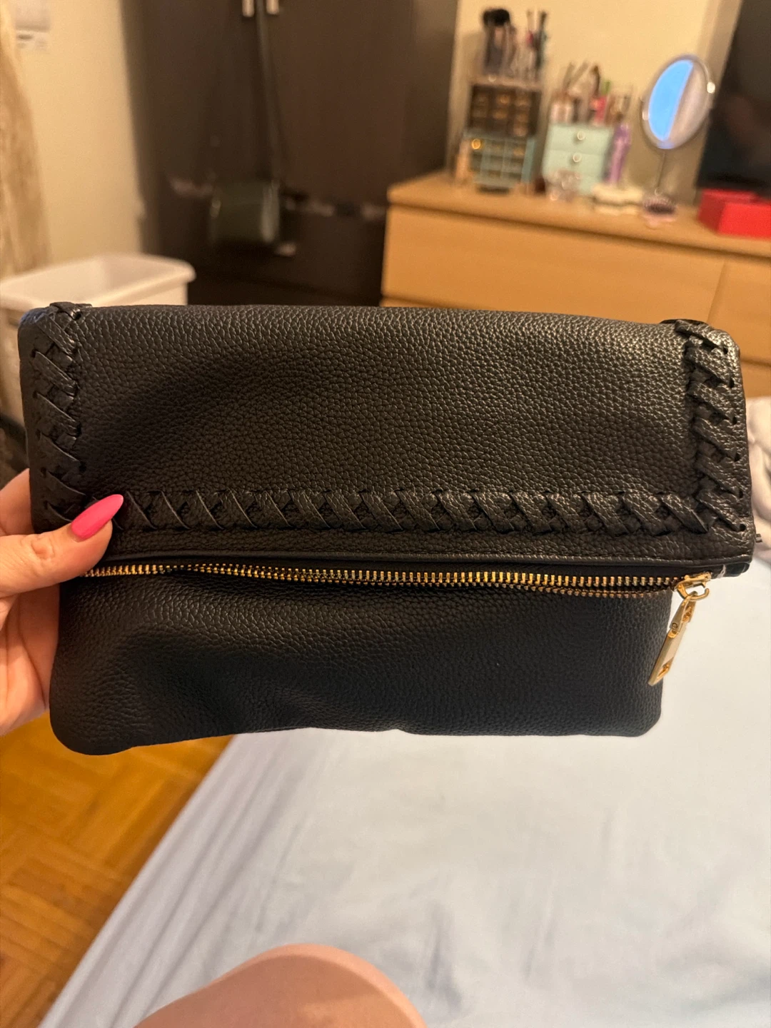 Black Faux Leather Foldover Clutch Bag