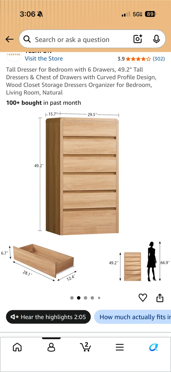 6 Drawer Tall Dresser - Natural Wood Finish - photo 2