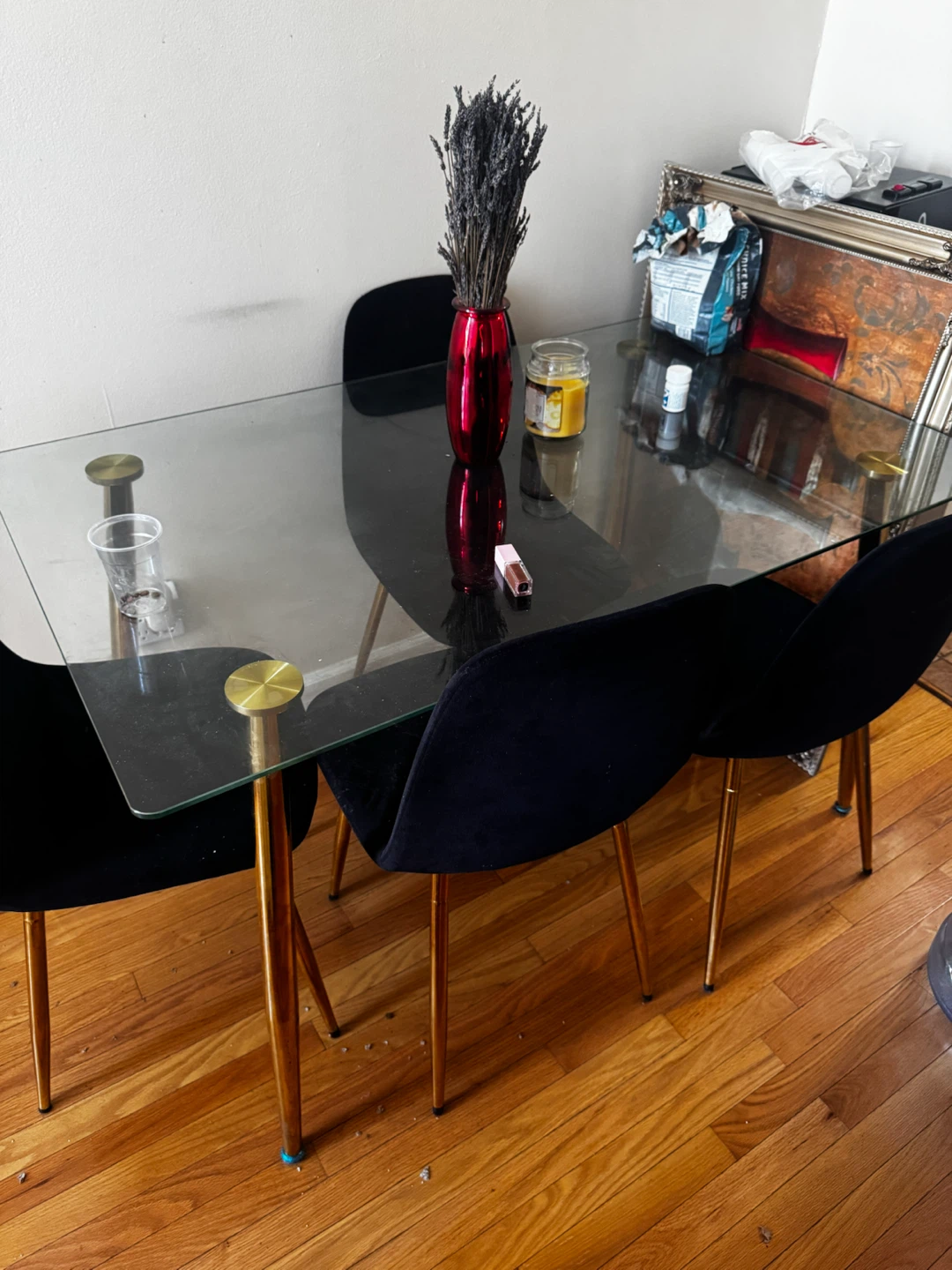 Glass we Dining Table Set with 4 Black Velvet Chairs - photo 2