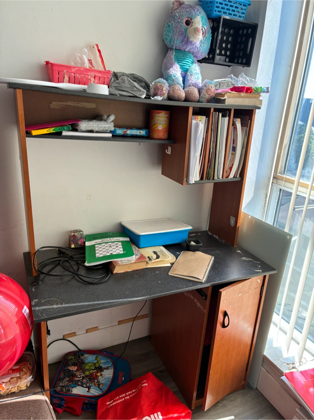 Wooden Desk with Shelving and Cabinet