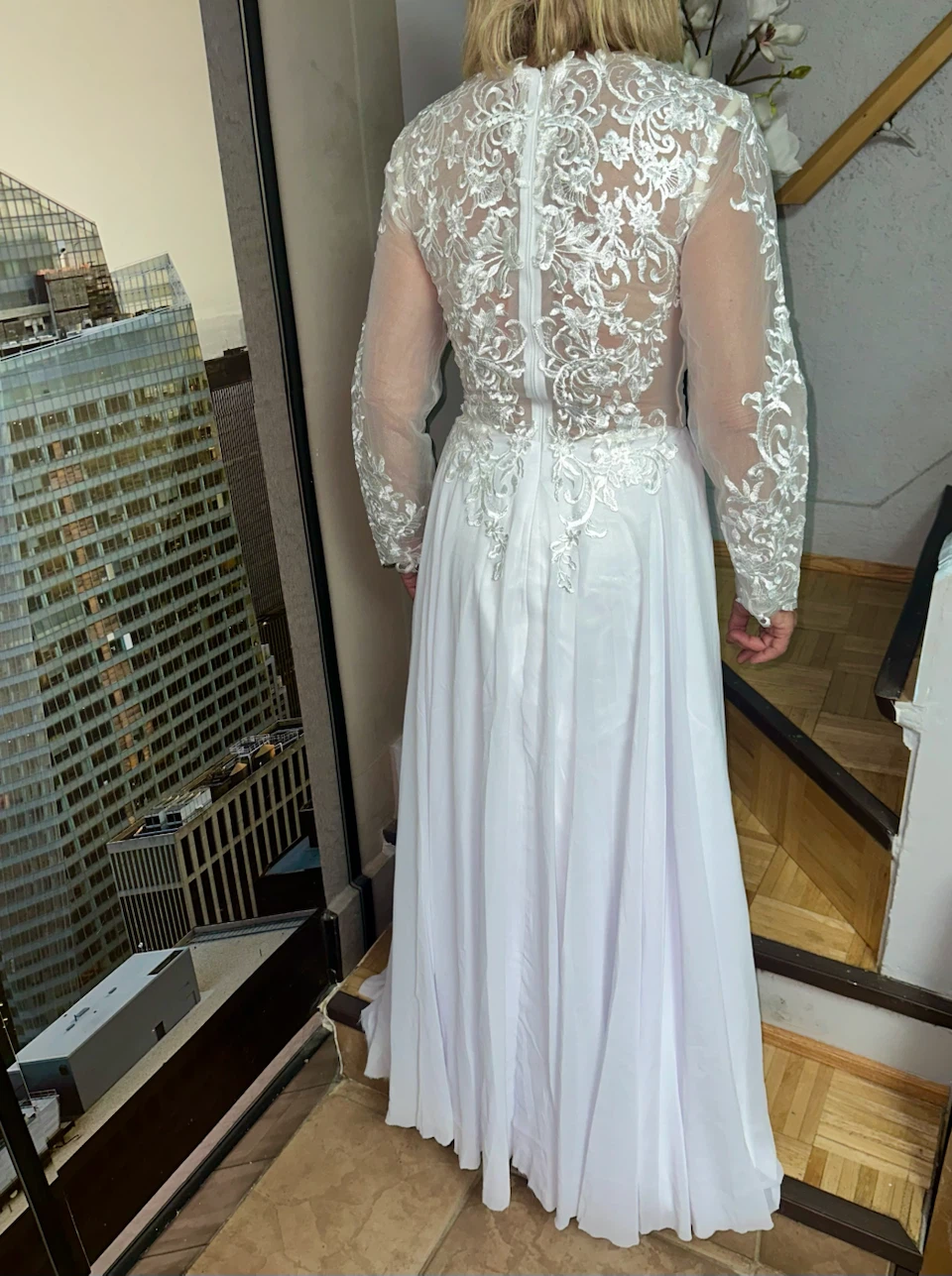 White Lace Long Sleeve Evening Gown - photo 4