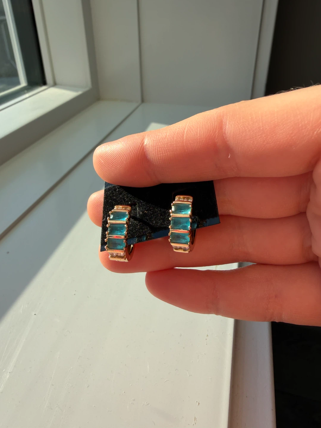 Stainless Steel Teal Baguette Stone Hoop Earrings