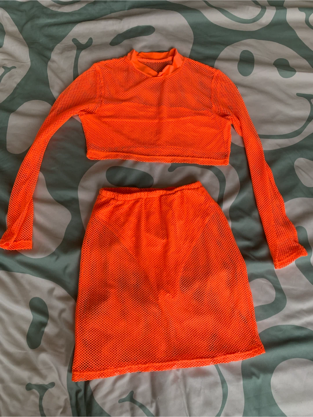 Orange Mesh Long Sleeve Crop Top & Skirt Set