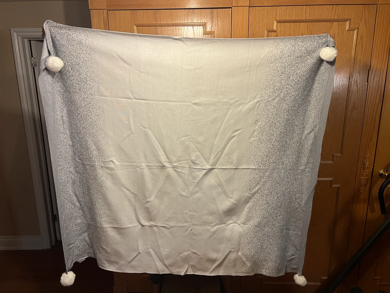 White and Grey Throw Blanket with Pom Poms