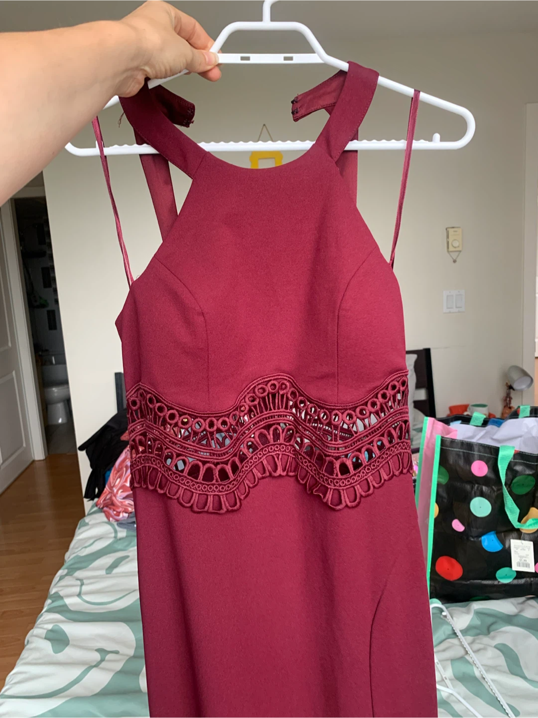 Maroon Halter Neck Lace Trim Maxi Dress
