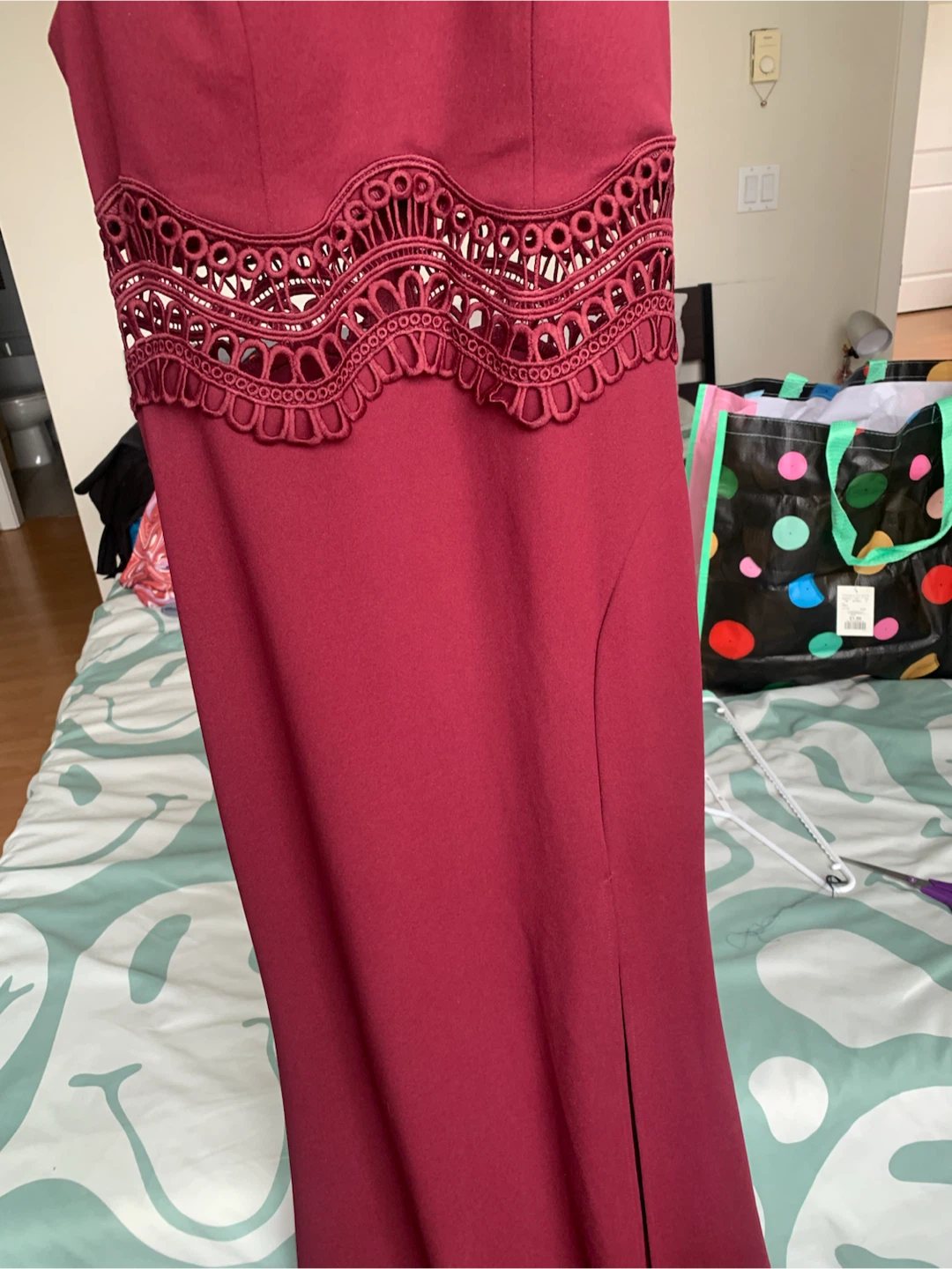 Maroon Halter Neck Lace Trim Maxi Dress - photo 2