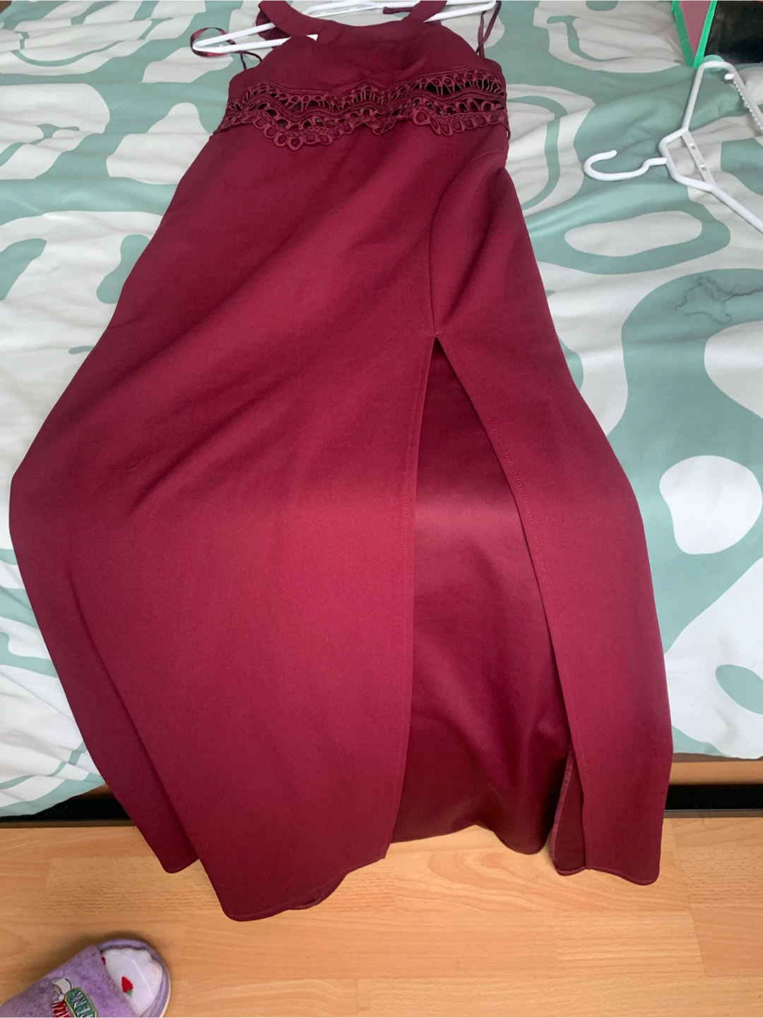 Maroon Halter Neck Lace Trim Maxi Dress - photo 4