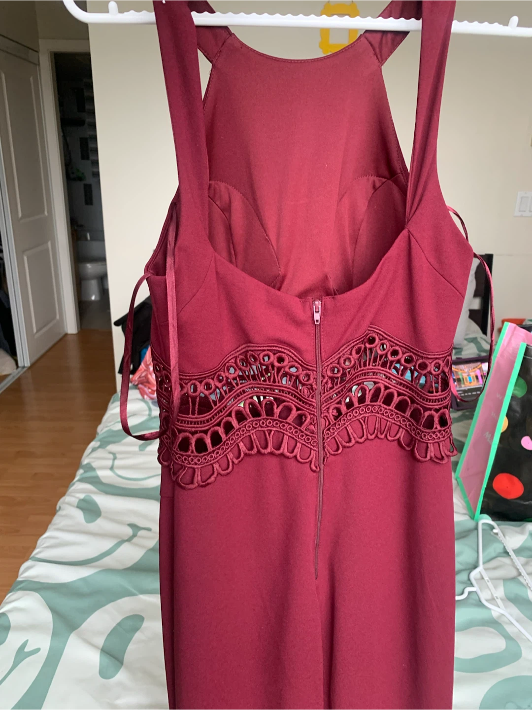 Maroon Halter Neck Lace Trim Maxi Dress - photo 5