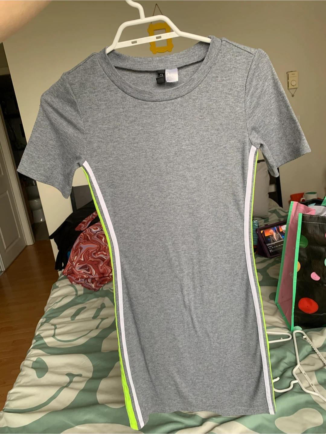 Divided Grey Ribbed Dress with Neon Stripe Accents