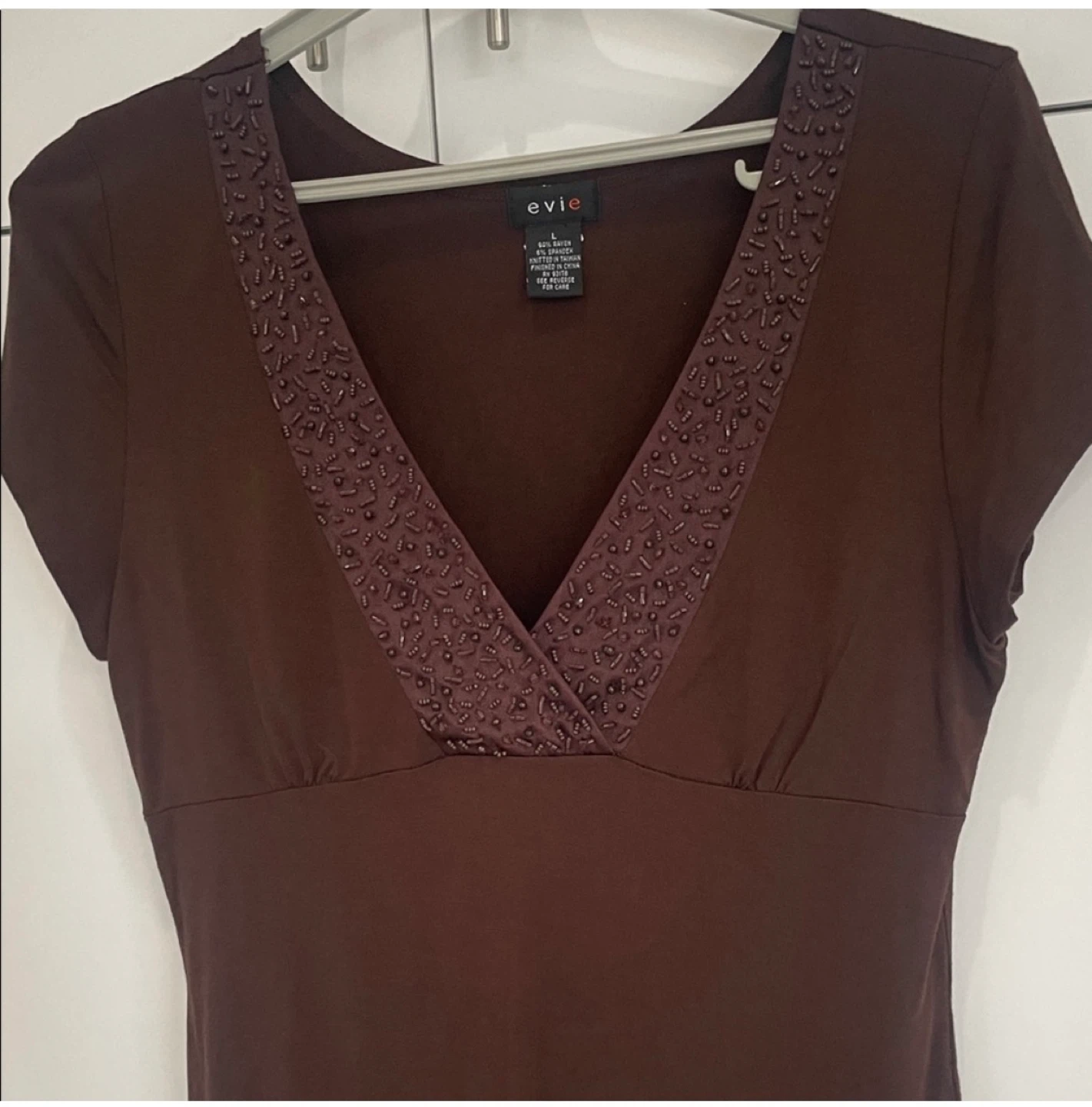 Evie Beaded V-Neck Top - Brown - Size L