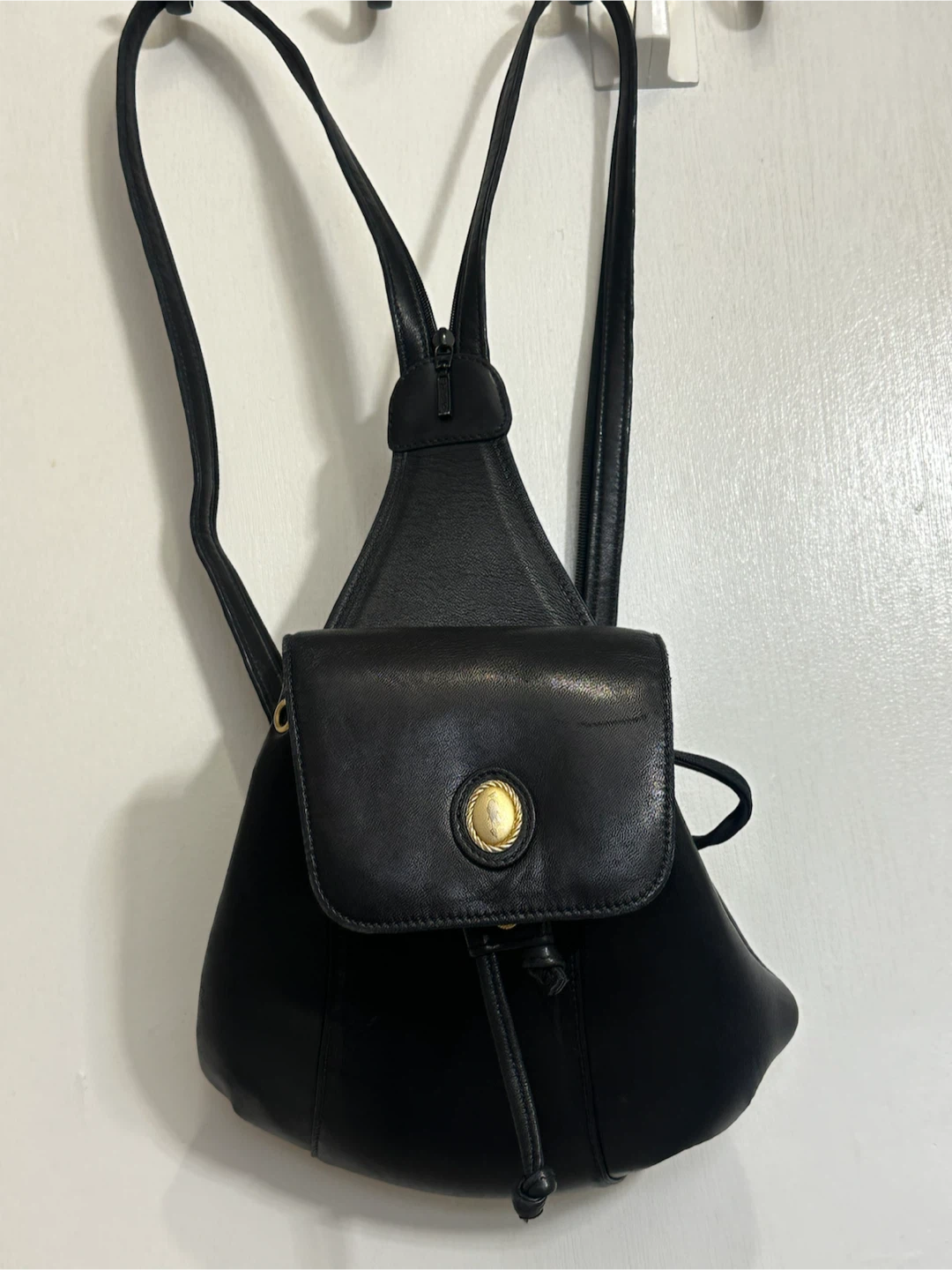 Vintage Pierre Balmain Black Leather Drawstring Backpack