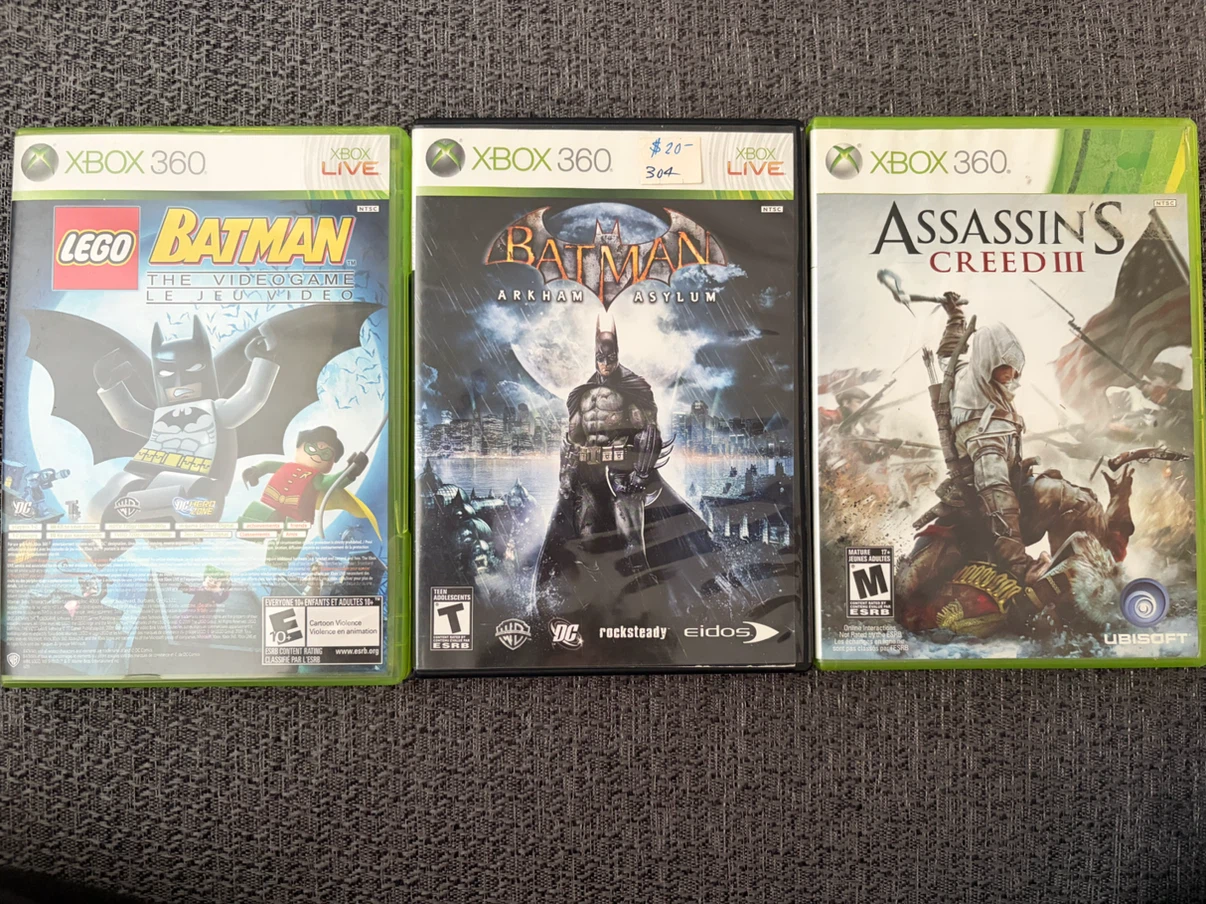 Xbox 360 Lego Batman, Batman Arkham Asylum, Assassin's Creed 3