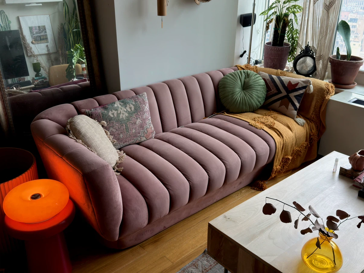Pink Velvet Channel Tufted Sofa