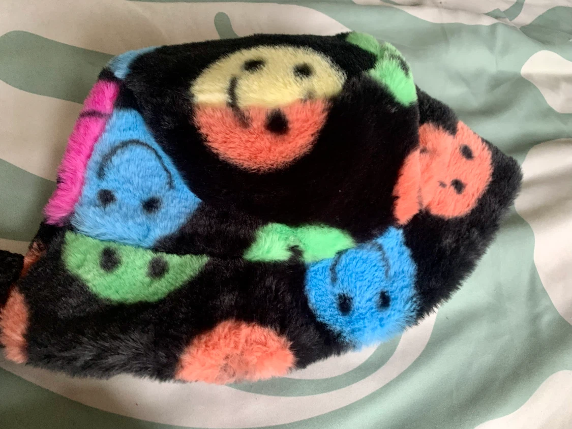 Fuzzy Bucket Hat with Smiley Faces