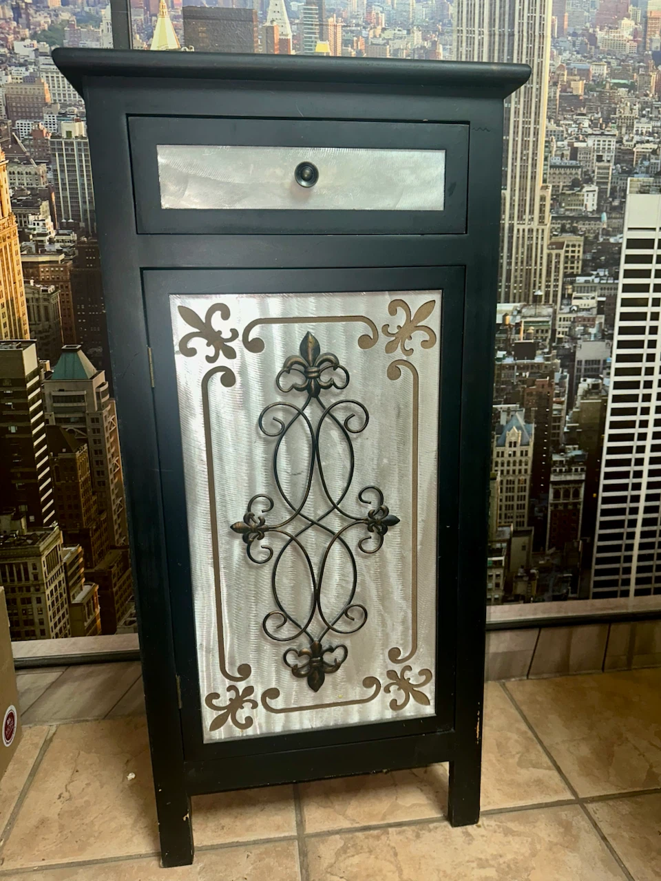 Black Accent Cabinet with Drawer and Metal Inlay