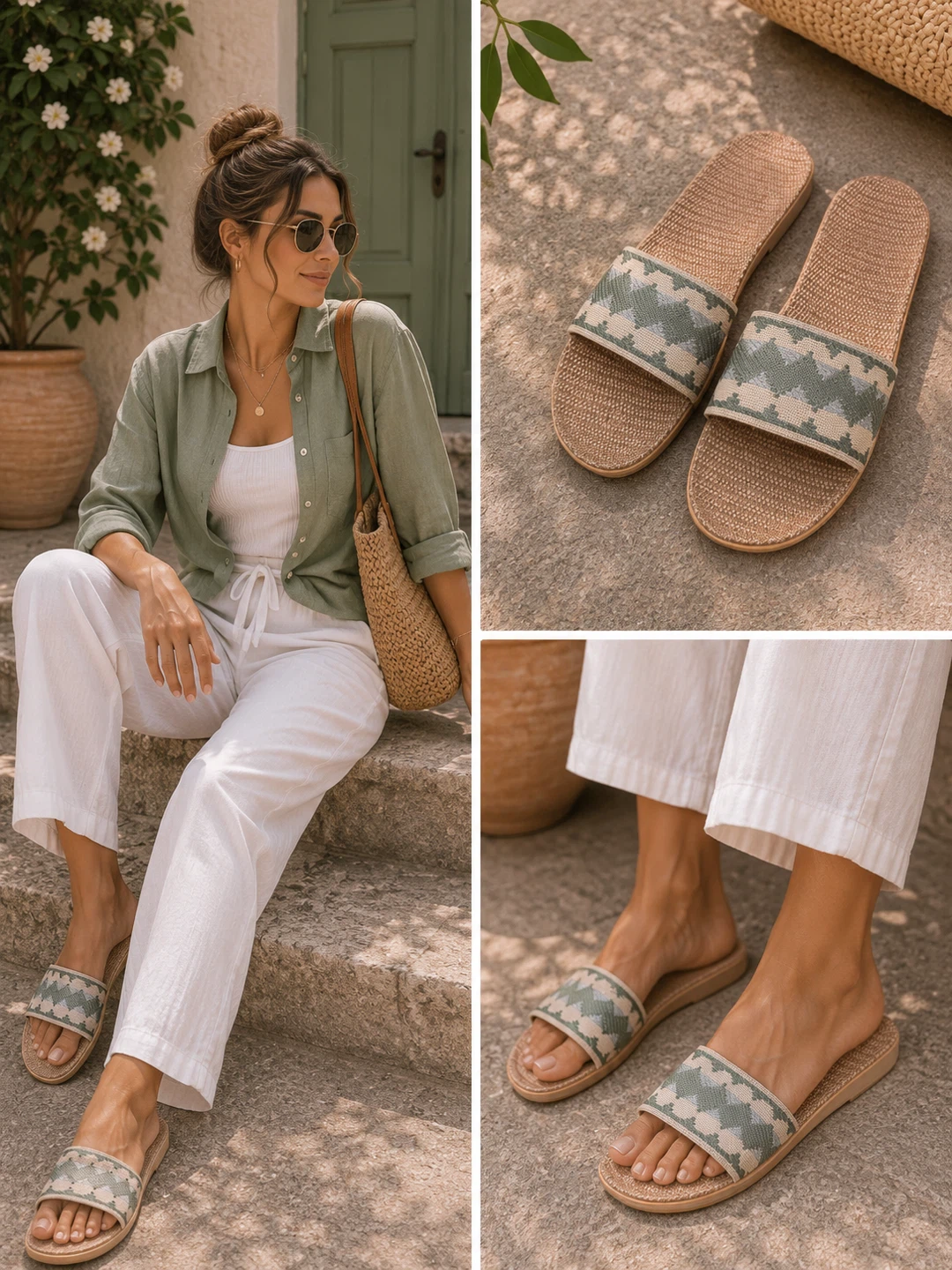 Women’s Woven Pattern Slide Sandals – Comfortable Fabric Strap