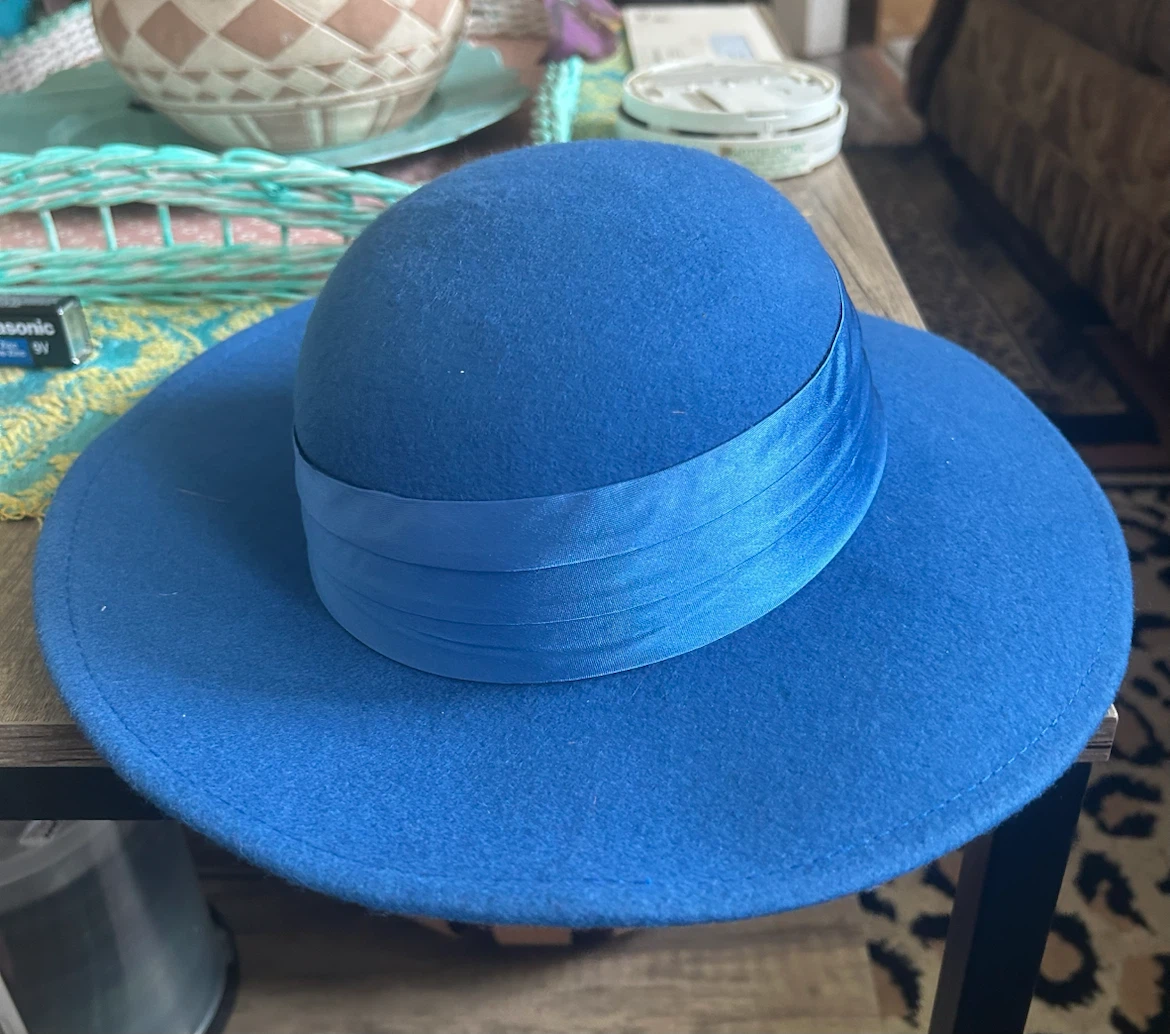 Royal Blue Felt Wide Brim Hat with Ribbon
