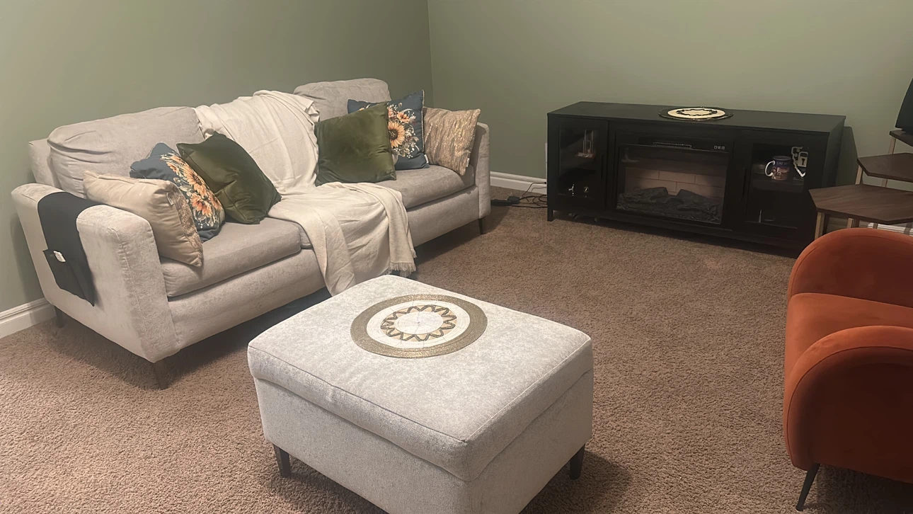 Grey Fabric Sofa with Accent Pillows