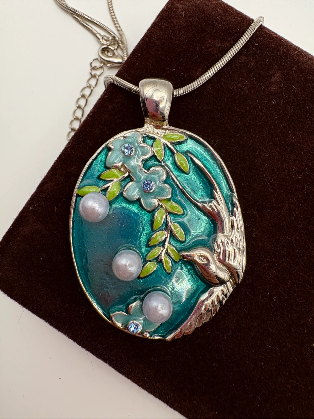 Enamel Bird and Flower Pendant Necklace