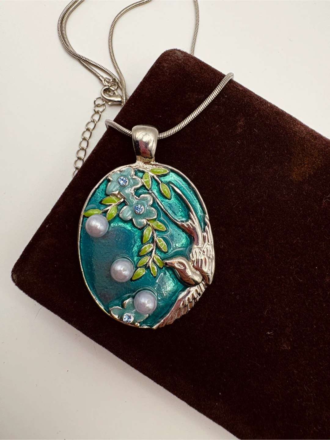 Enamel Bird and Flower Pendant Necklace - photo 2