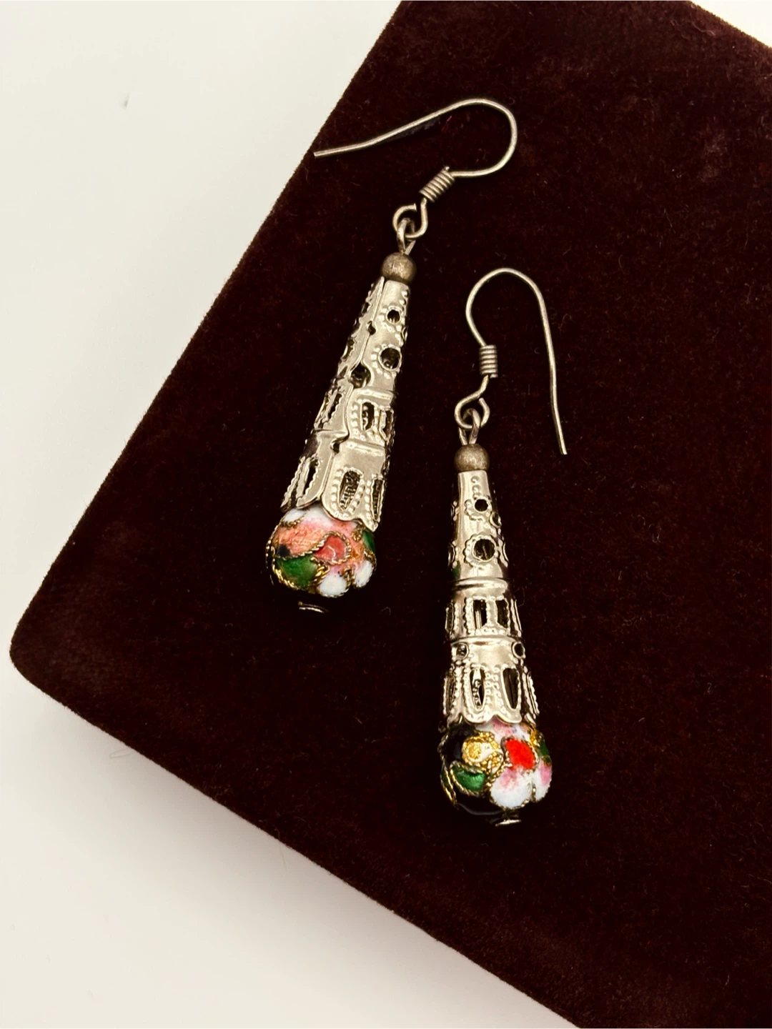 Silver Tone Dangle Earrings with Enamel Floral Design