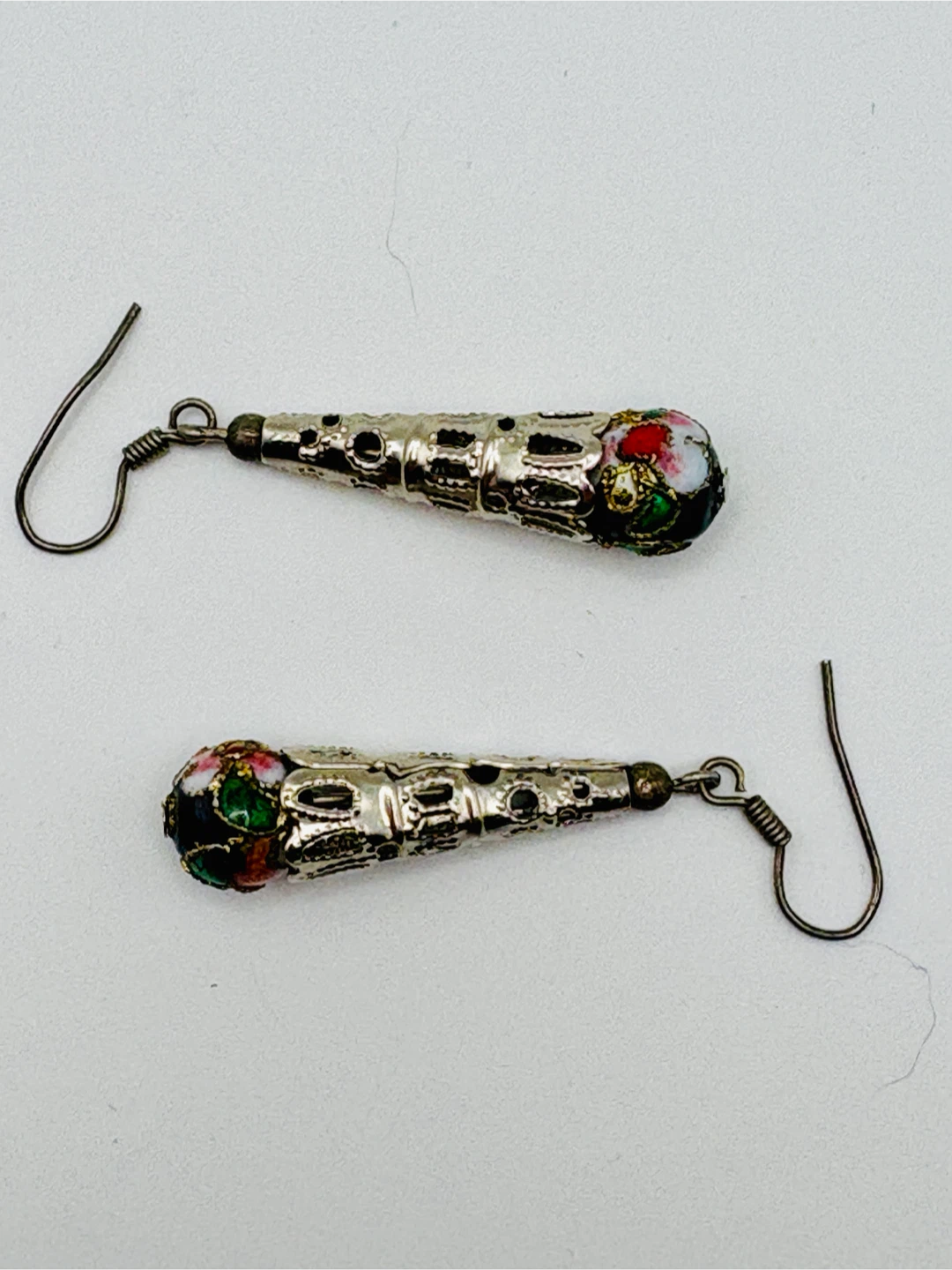 Silver Tone Dangle Earrings with Enamel Floral Design - photo 2