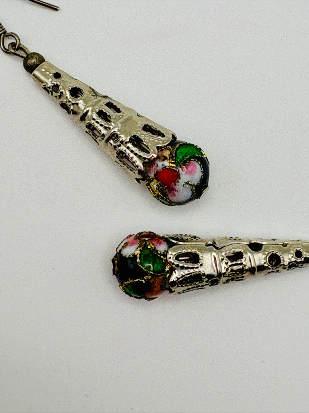 Silver Tone Dangle Earrings with Enamel Floral Design - photo 3