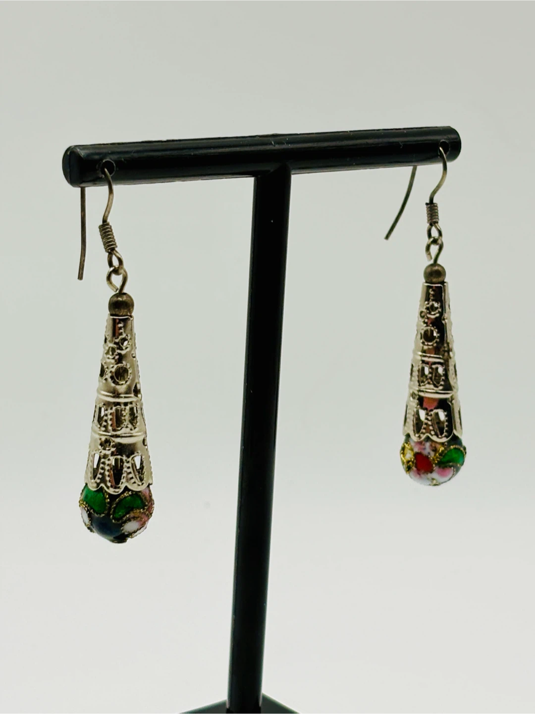 Silver Tone Dangle Earrings with Enamel Floral Design - photo 4