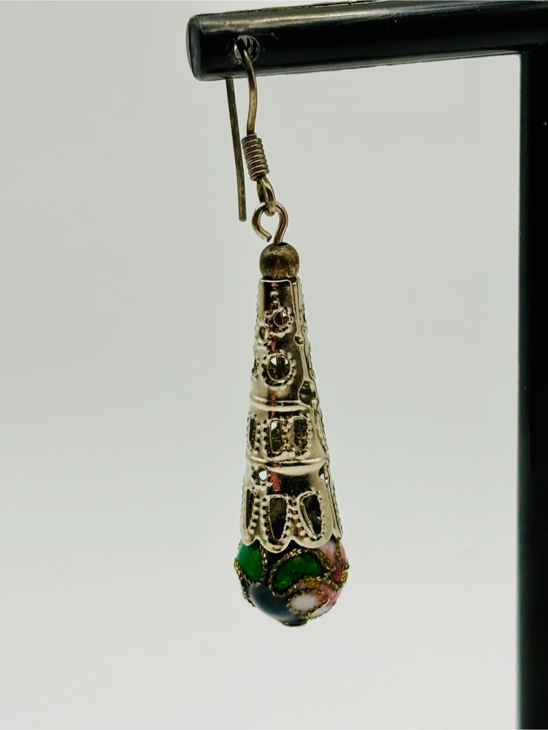 Silver Tone Dangle Earrings with Enamel Floral Design - photo 5