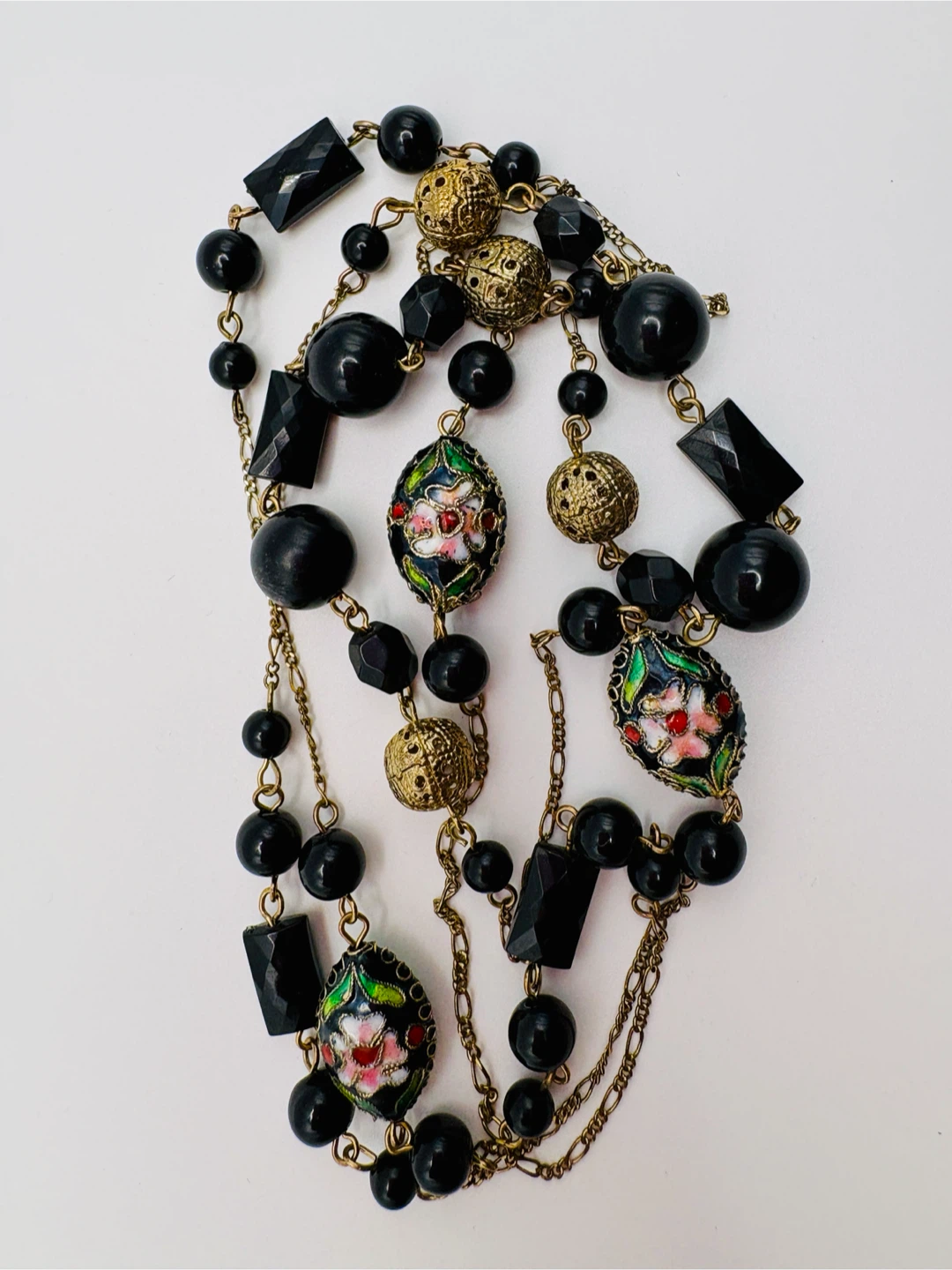 Long Beaded Necklace with Enamel Flower Pendants
