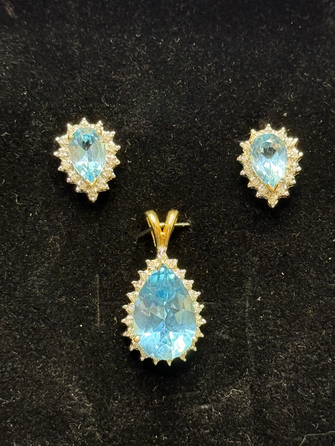 Vintage 10K Gold Topaz and Diamond Pendant and Earring Set