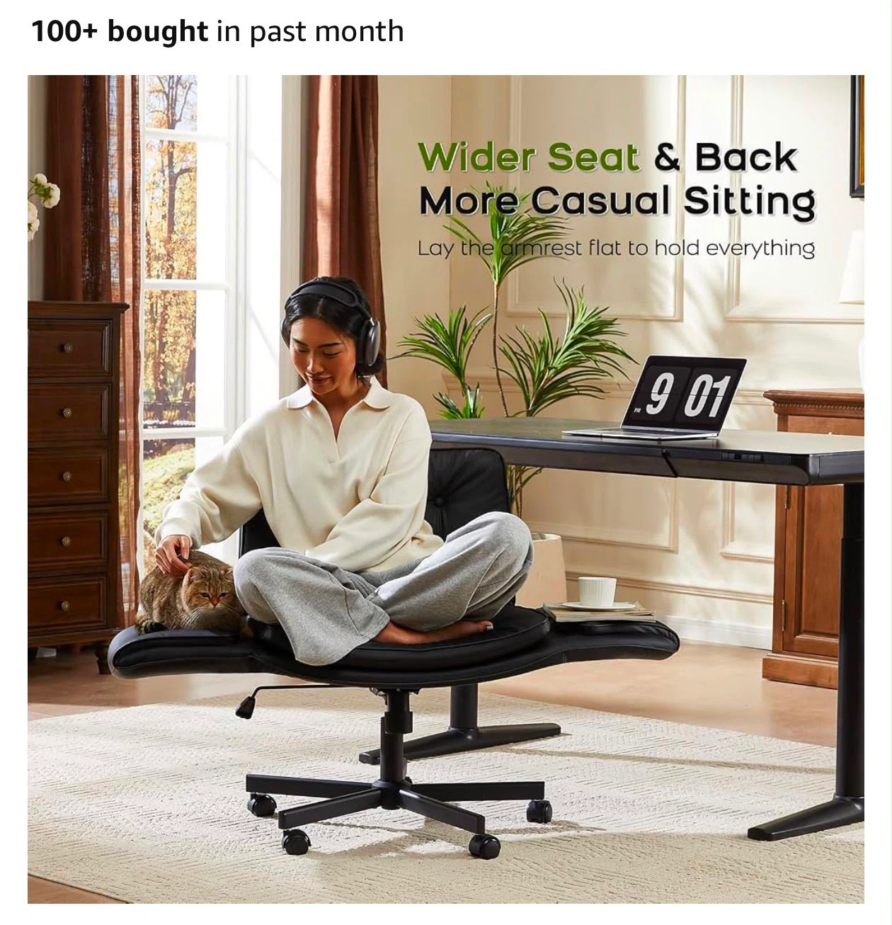 Black Tufted Leather Office Chair with Footrest - photo 3