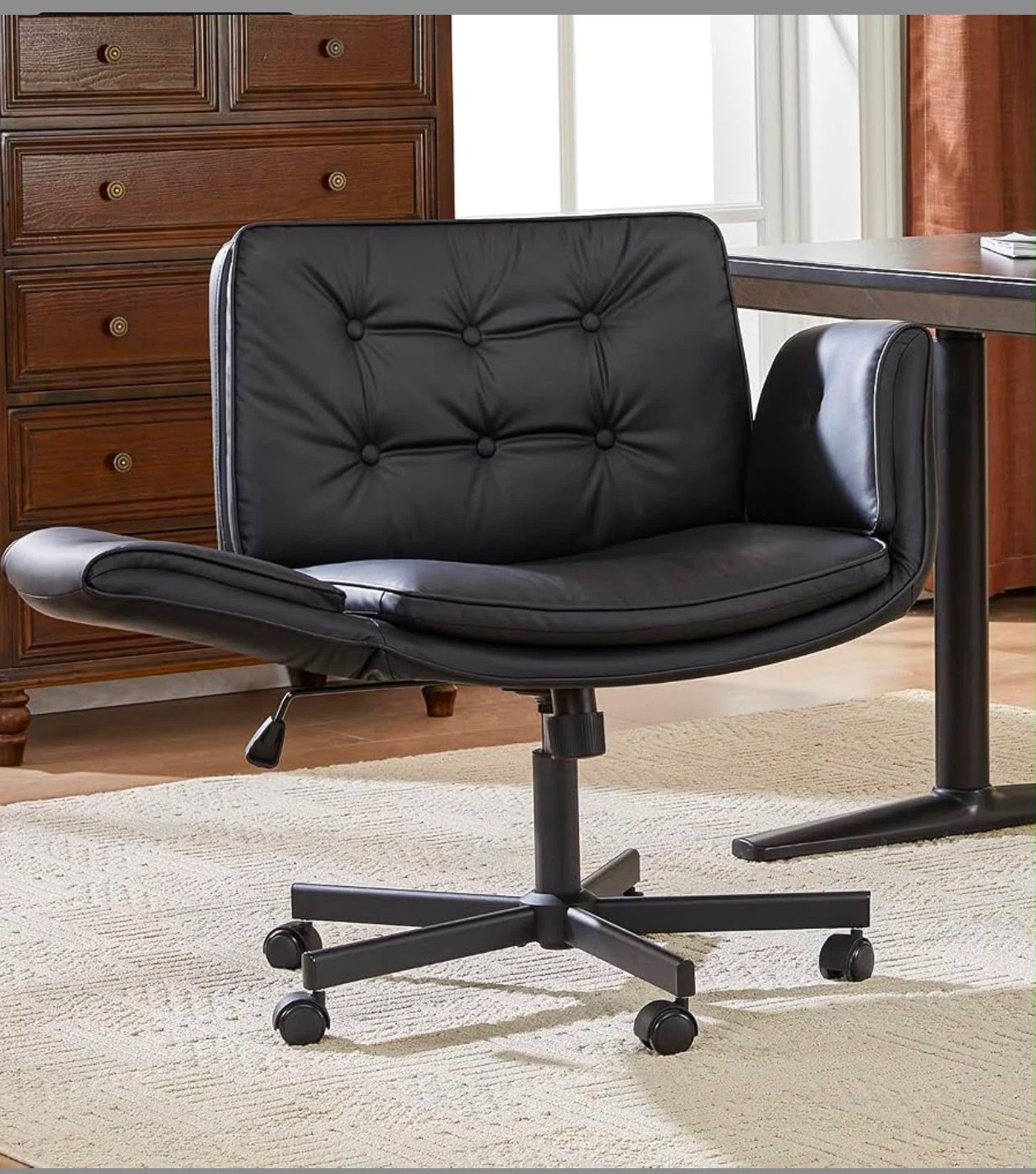 Black Tufted Leather Office Chair with Footrest - photo 4