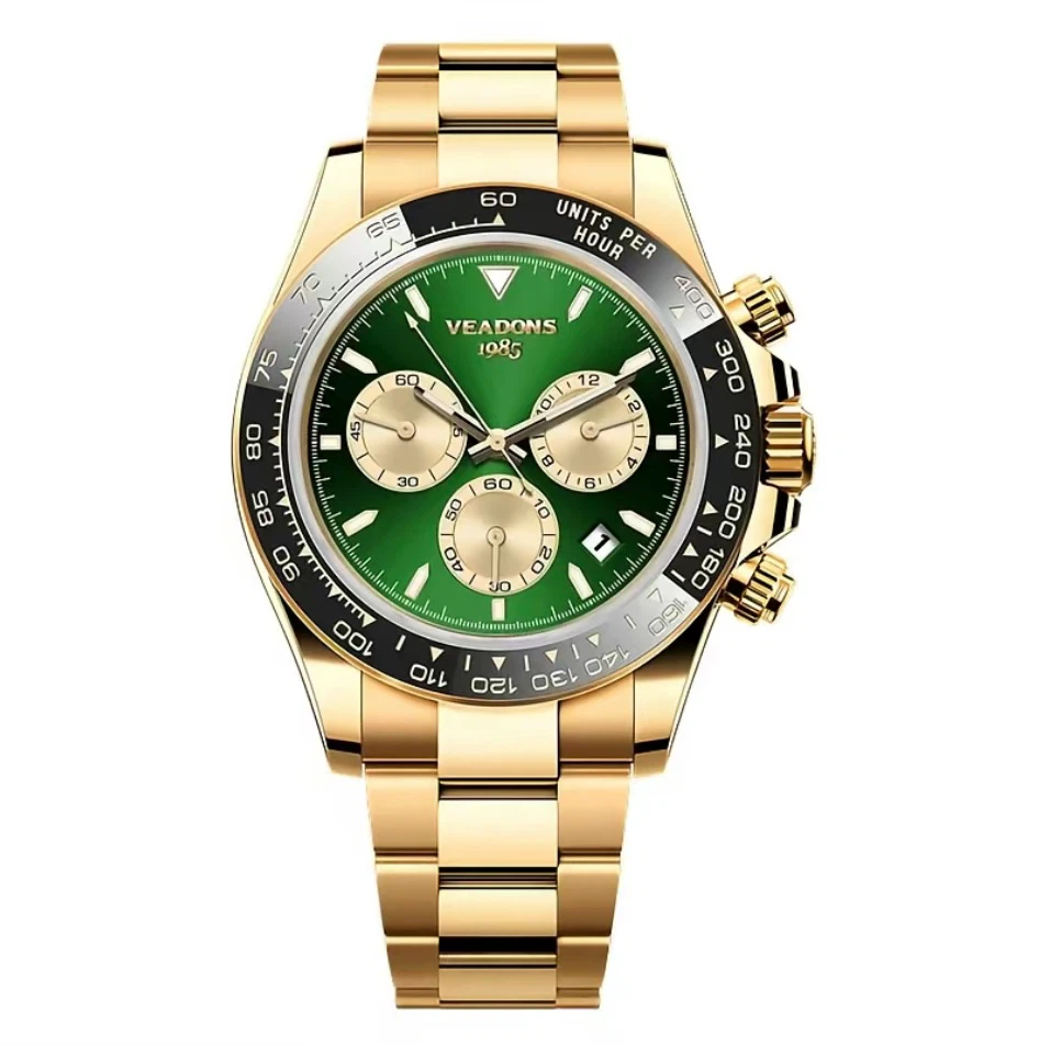 Veadons 1985 Gold Chronograph Watch - Green Dial