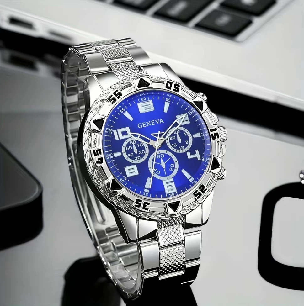 Geneva Men's Silver Chronograph Watch - Blue Dial