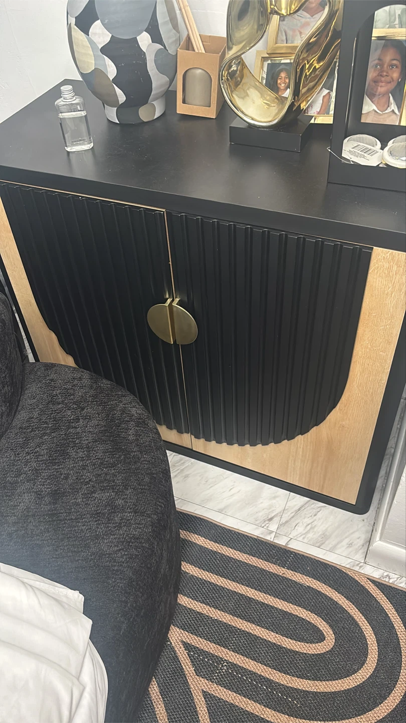Black and Natural Wood Accent Cabinet with Brass Hardware